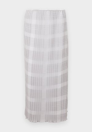 Larga falda transparente en blanco con un patrón de cuadros gris. Tela suave y ligera con una cinturilla elástica, que termina a la altura del tobillo.