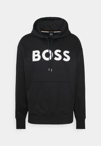 Black hoodie with a kangaroo pocket, white "BOSS" logo on the front, drawstring hood, ribbed cuffs, and hem, made from soft cotton blend fabric.