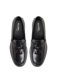 Schwarze Lederloafers mit Quastenakzenten, runder Zehenform und gestickten Details. Glatte Textur mit gepolstertem Fußbett.