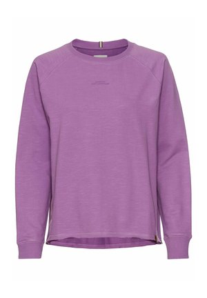 Paarse sweater van zacht materiaal, met een geribde ronde halslijn, lange raglanmouwen en een rechte zoom met zijsplitten.