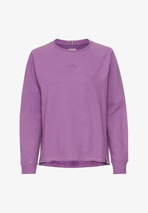 Sweatshirt violet en tissu doux, avec un col rond côtelé, de longues manches raglan et un ourlet droit avec des fentes sur les côtés.