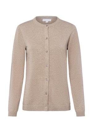Beige cardigan met een ronde halslijn, lange mouwen, knoopsluiting aan de voorkant en geribbelde zoom. Gemaakt van zacht breimateriaal.