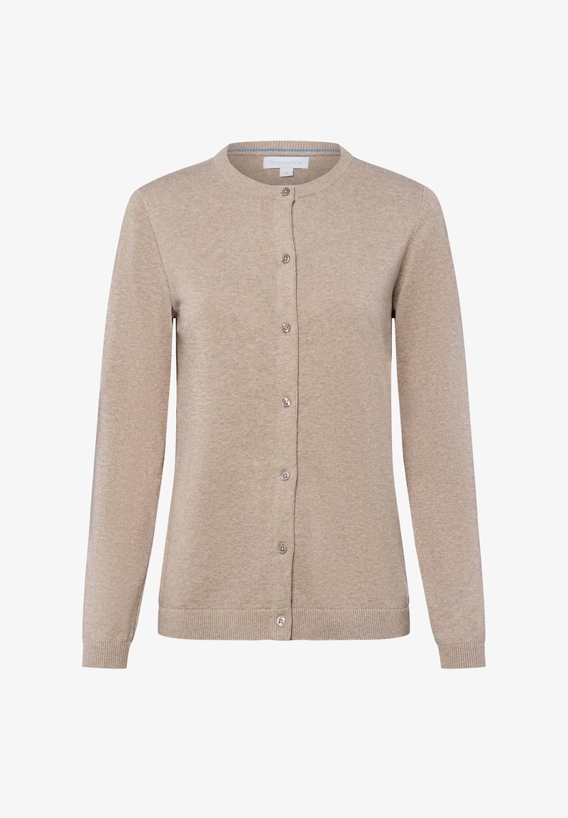 Beige cardigan met een ronde halslijn, lange mouwen, knoopsluiting aan de voorkant en geribbelde zoom. Gemaakt van zacht breimateriaal.