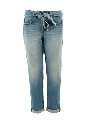 Jeans in denim blu con una cintura in tessuto annodata, gamba affusolata, orli risvoltati e finitura sbiadita, dotati di tasche anteriori e passanti per cintura.