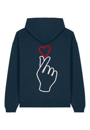 Navy hoodie featuring a large hand design in white outline and a red heart accent, with a relaxed fit and soft texture.