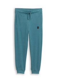 Pantalon de jogging turquoise en tissu doux, doté d'une taille élastique avec cordon de serrage, de poches latérales et de poignets côtelés.