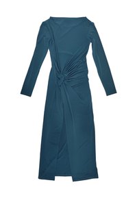 Abito teal a maniche lunghe con dettagli frontali torcigliati e spacco laterale, realizzato in un tessuto morbido e elasticizzato. Texture liscia, design aderente.