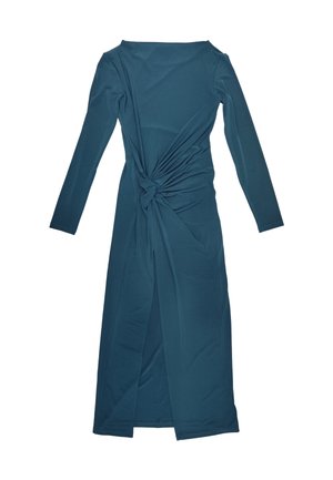 Abito teal a maniche lunghe con dettagli frontali torcigliati e spacco laterale, realizzato in un tessuto morbido e elasticizzato. Texture liscia, design aderente.