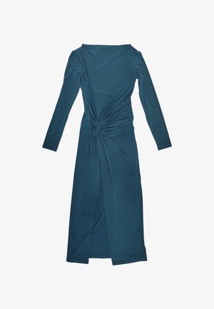Abito teal a maniche lunghe con dettagli frontali torcigliati e spacco laterale, realizzato in un tessuto morbido e elasticizzato. Texture liscia, design aderente.