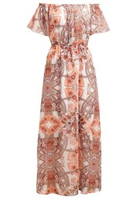 Maxi sukienka na ramiączkach z krótkimi rękawami, elastycznym paskiem w talii, zapięciem na guziki z przodu oraz pomarańczowym wzorem kwiatowym i geometrycznym na białym tle.