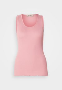 Ανοιχτό ροζ αμάνικο ριγέ τοπ με στρογγυλή λαιμόκοψη και κυματιστό τελείωμα. Φτιαγμένο από μαλακό, ελαστικό ύφασμα για άνεση.