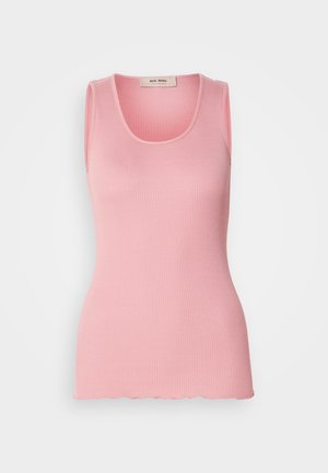 Ανοιχτό ροζ αμάνικο ριγέ τοπ με στρογγυλή λαιμόκοψη και κυματιστό τελείωμα. Φτιαγμένο από μαλακό, ελαστικό ύφασμα για άνεση.