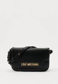 Black leather crossbody bag with a braided shoulder strap. Features gold "LOVE MOSCHINO" logo on the front and a flap closure.