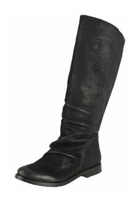 Black knee-high boot made of suede material, featuring a slouchy design, round toe, and flat rubber sole for comfort and stability.