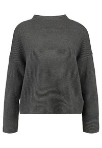 Grau gerippter Pullover mit Rundhalsausschnitt, überschnittenen Schultern und bequemer Passform. Strukturmuster über den ganzen Stoff. Lange Ärmel.