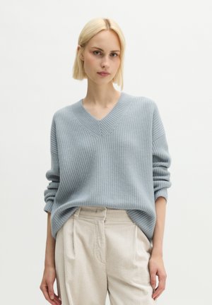Jonge vrouw met kort blond haar die een lichtblauwe ribgebreide V-hals trui en beige hoge taille broek draagt, staand tegen een effen achtergrond.