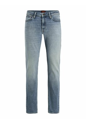 Light blue denim jeans with a straight leg design, faded finish, five-pocket style, and contrasting stitching at the seams.