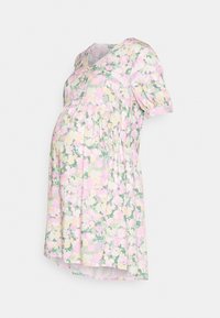 Vestido de maternidade floral com mangas curtas, decote em V, corte solto e cores pastel, incluindo rosa, amarelo e verde.