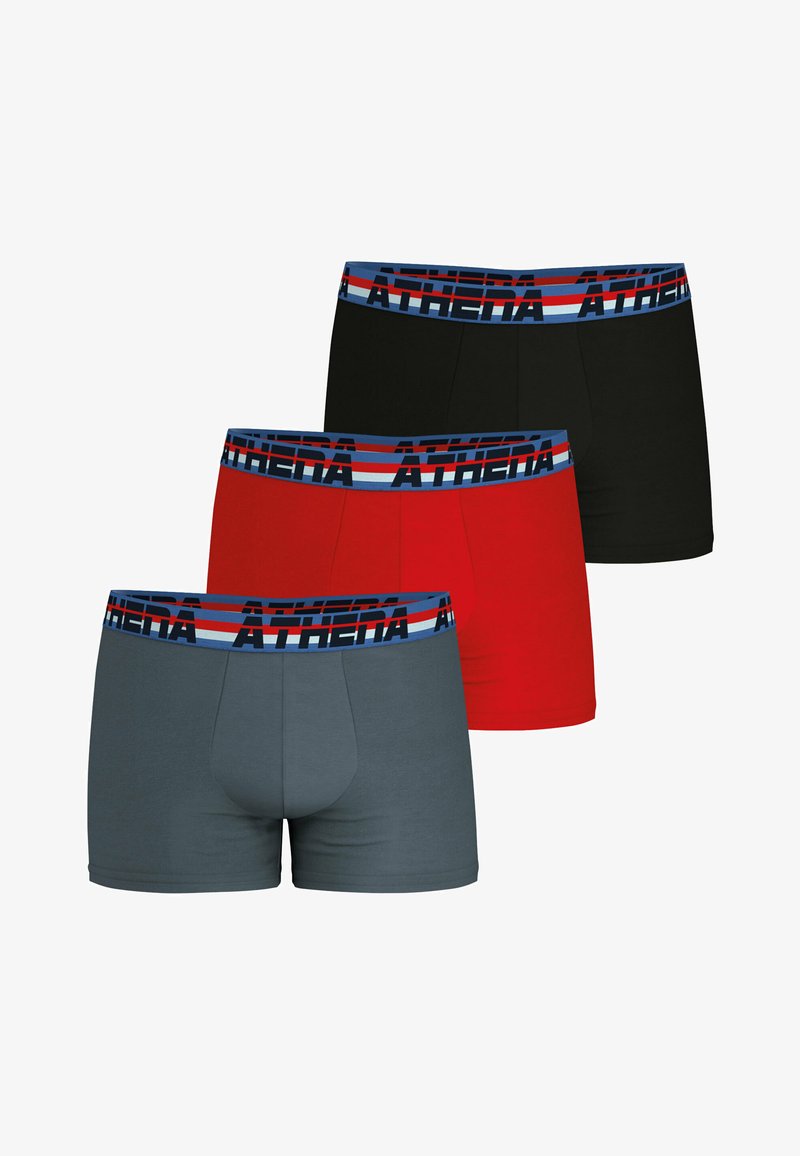 Trois paires de boxers pour hommes en gris, rouge et noir. Comprend une taille élastique avec le logo "ATHENA" et un motif rayé.