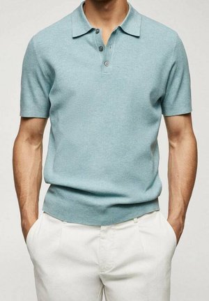 Textureret kortærmet polo skjorte i lyseblå, med krave og to-knap lukning, parret med hvide bukser.