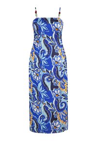 Rochie albastră cu imprimeu floral și design paisley, având bretele subțiri și accente decorative din mărgele. Fabricată dintr-un material neted, cu lungime până la glezne.