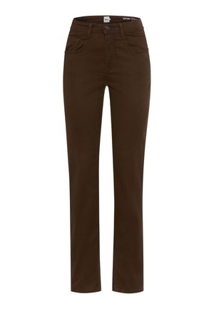 Bruine denimbroek met een rechte pijpdesign. Voorzien van vijf zakken en een knoopsluiting. Gestructureerde stof met een soepele afwerking.
