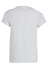 White t-shirt with short sleeves, round neckline, and a smooth cotton texture. Features a small printed label on the back near the neckline.