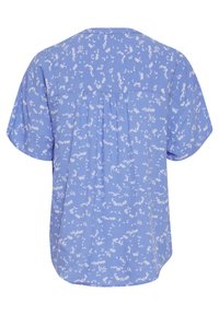 Blusa blu a maniche corte con motivo floreale bianco, arricciata sul retro, con scollo rotondo e vestibilità rilassata.