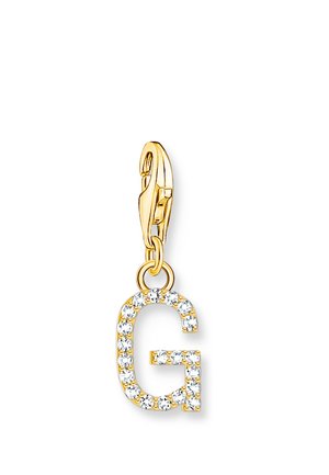 Chiusura in oro con pendente a forma di lettera G, decorata con pietre preziose tonde e trasparenti attorno al contorno della lettera.