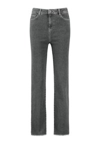 Jeans rectos grises de denim con un dobladillo deshilachado, presentan un cierre frontal de botón y cremallera, cinco bolsillos y un diseño clásico.