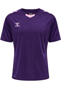 Purple sports jersey with short sleeves, V-neck design, and light pink accents on shoulders. Features Hummel logo. Made from smooth fabric.