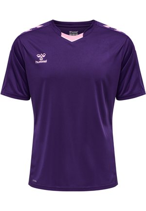 Lila Sporttrikot mit kurzen Ärmeln, V-Ausschnitt und hellrosa Akzenten an den Schultern. Mit Hummel-Logo. Aus glattem Stoff gefertigt.