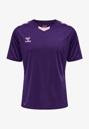 Lila Sporttrikot mit kurzen Ärmeln, V-Ausschnitt und hellrosa Akzenten an den Schultern. Mit Hummel-Logo. Aus glattem Stoff gefertigt.