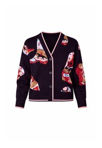 Μαύρη ζακέτα με κουμπιά και ροζ περιθώριο, με πολύχρωμα αφηρημένα σχέδια που περιλαμβάνουν σχήματα που μοιάζουν με ζώα και πρόσωπα.