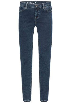 Skinny jeans made of dark denim with a smooth texture, featuring a front pocket, metal button closure, and contrast stitching details.