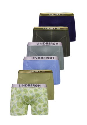 Sześć par męskich bokserek z zielonym wzorem liści, w jednolitym jasnym zielonym, niebieskim, szarym, ciemnozielonym i granatowym kolorze, każdy z markowanym pasem.