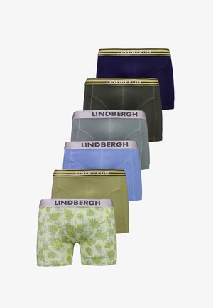 Zes paar herenboxers met groene bladprint, effen lichtgroen, blauw, grijs, donkergroen en marineblauw, elk met gebrande taillebanden.