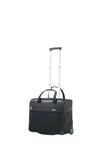 Rolling black suitcase with a retractable aluminum handle, durable fabric body, front pocket, and two wheels for easy maneuverability.