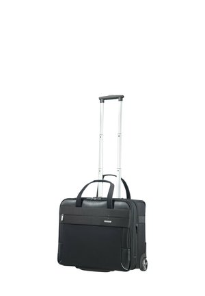 Rolling black suitcase with a retractable aluminum handle, durable fabric body, front pocket, and two wheels for easy maneuverability.