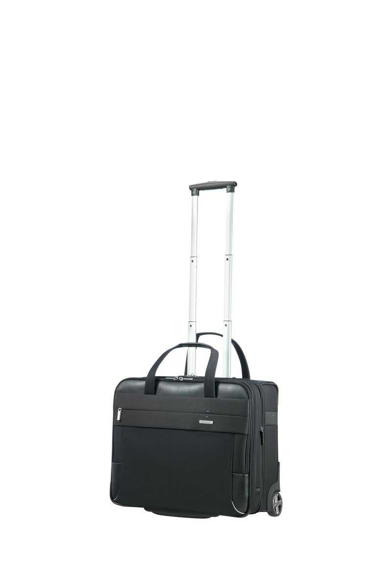 Rolling black suitcase with a retractable aluminum handle, durable fabric body, front pocket, and two wheels for easy maneuverability.