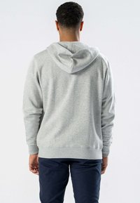Lys grå sweatshirt med hætte, lange ærmer og ribbede manchetter. Glat tekstur med en afslappet pasform, set fra ryggen.