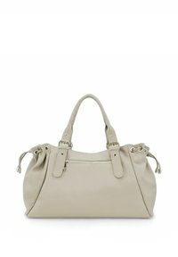 Sac à main en cuir beige avec une surface texturée, deux anses robustes, une quincaillerie argentée et des côtés à cordon de serrage pour une forme ajustable.