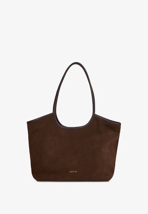 Brown suede tote bag with a smooth leather trim, wide soft shoulder straps, and embossed logo at the front. Features a minimalist design.