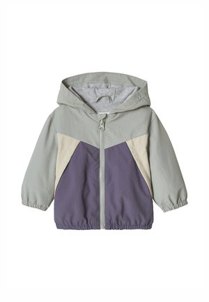 Kinder-Kapuzenjacke mit Reißverschluss vorne, elastischen Bündchen und Farbfeldern in Grau, Beige und Lila.