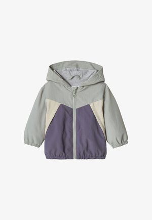 Kinder-Kapuzenjacke mit Reißverschluss vorne, elastischen Bündchen und Farbfeldern in Grau, Beige und Lila.