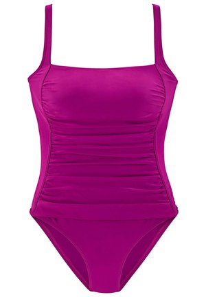 Einteiler-Badeanzug in einem lebhaften Fuchsia-Ton, mit Raffung an der Vorderseite und schmalen Trägern, aus glattem, dehnbarem Stoff gefertigt.