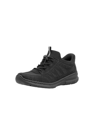 Baskets décontractées noires avec lacets élastiques à curseur, col rembourré, semelle texturée et languette avec languette de tirage, conçues pour le confort et la facilité d'enfilage.