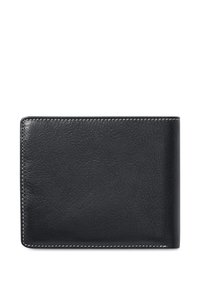 Cartera de cuero negro con costuras blancas a lo largo de los bordes, mostrada cerrada sobre un fondo blanco.