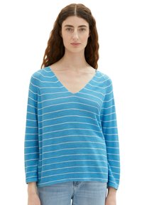 Blau gestreifter Pullover mit V-Ausschnitt, langen Ärmeln und lockerer Passform. Der Stoff hat eine strukturierte Optik mit weißen horizontalen Streifen.