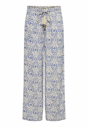 Pantalon à jambes larges avec un motif géométrique bleu et blanc complexe, taille élastique et lien à l'avant avec des pompons.